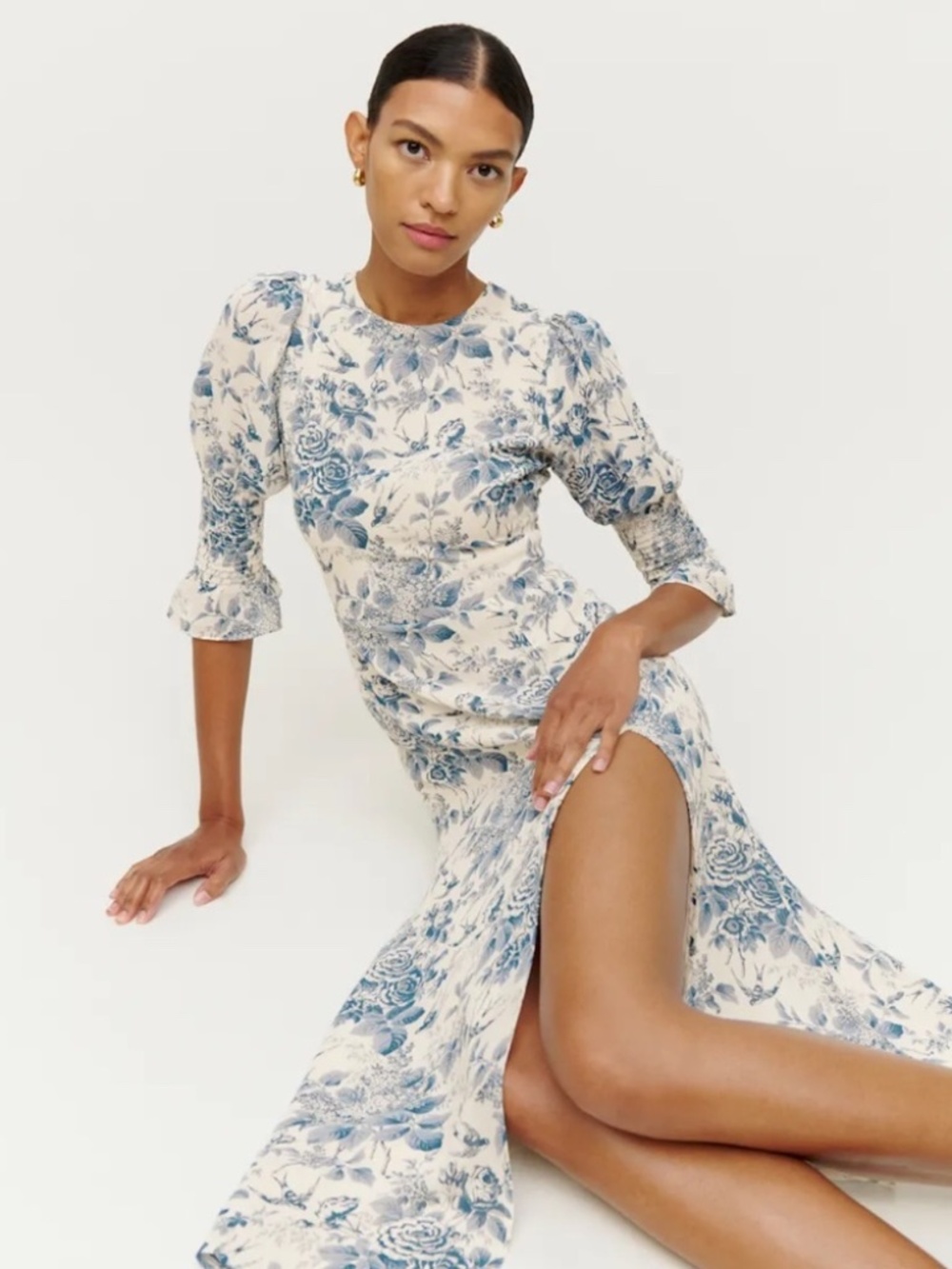 Reformation Carolena Dress in Pompadour, Blue and White Floral Long Sleeve